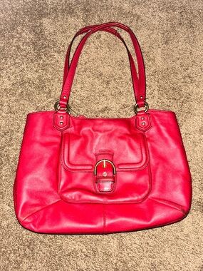Coach Campbell Belle Red Leather Carryall Tote Bag Gold Buckle F24961